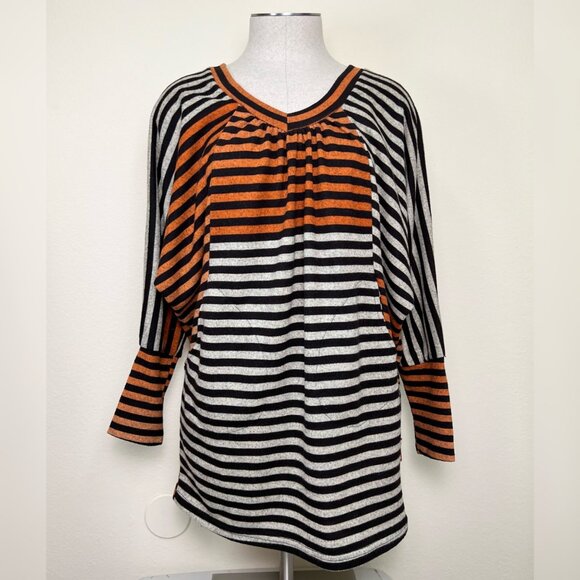 PATTERN Brown Orange & Oatmeal Striped V-Neck Dolman 3/4 Sleeve Top w/Pockets L - Picture 10 of 11